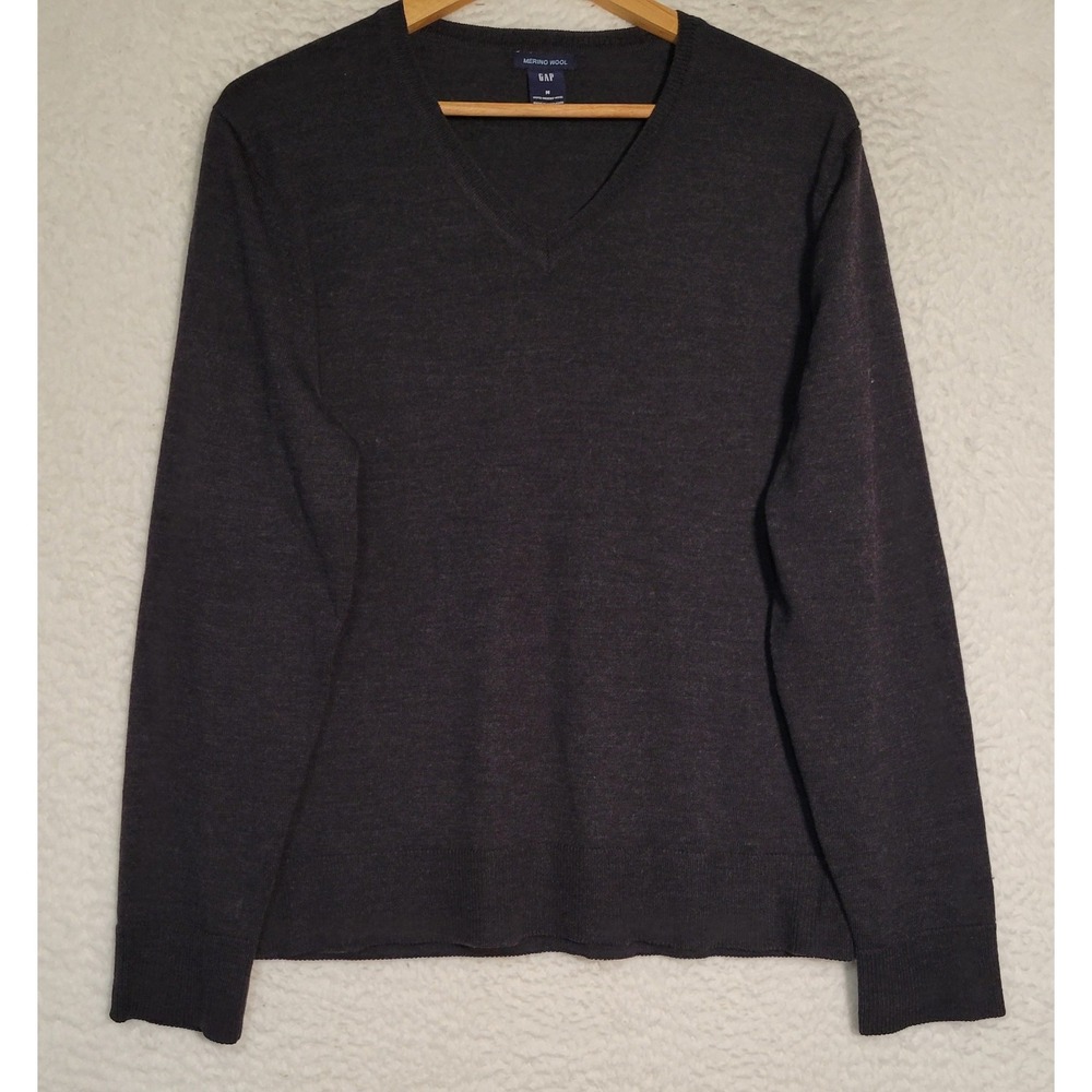 Gap Merino Wool Pullover Sweater Size M V-Neck Long Sleeve Black Gray Mens 1895